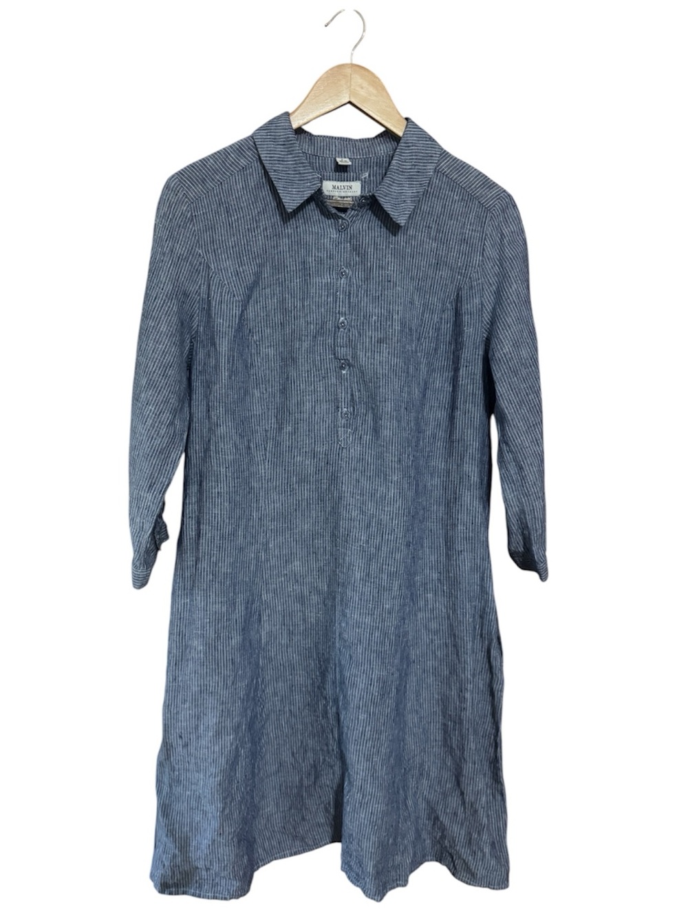 MALVIN I ❤️LINEN Midi Shirt Dress Blue White Striped Size L/10US Made In Germany